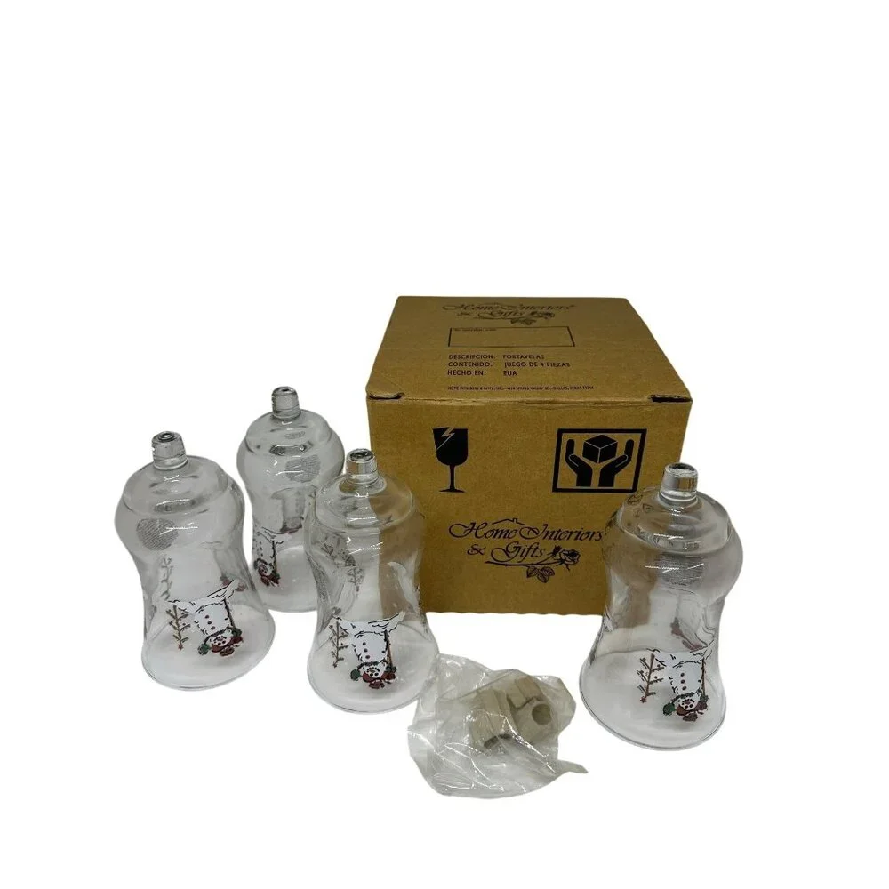 VTG HOMCO Snowman Votive Candle Cups Set‎ of 4 Peg Glass Christmas Decor Retro
